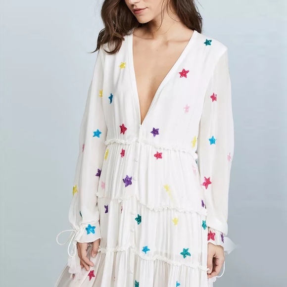 Sandy Stars Boho Embroidered Long Maxi Gown In White Rainbow Stars 5⭐️Rated FAV! - Picture 4 of 11